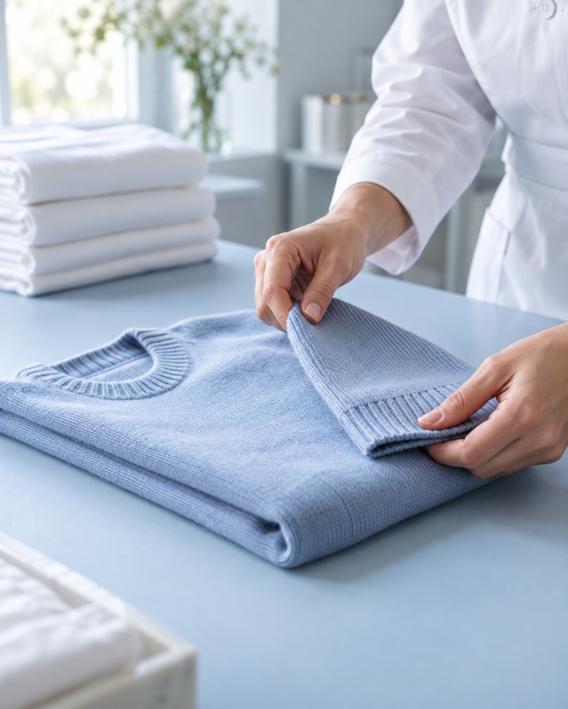 Hands carefully folding a blue knit sweater